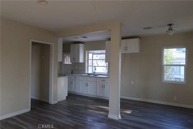 kitchen with dark wood-type flooring, sink, and white cabinets