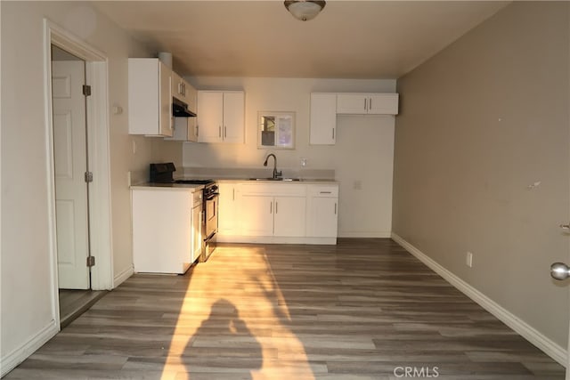 kitchen with dark hardwood / wood-style floors, range hood, sink, white cabinets, and range