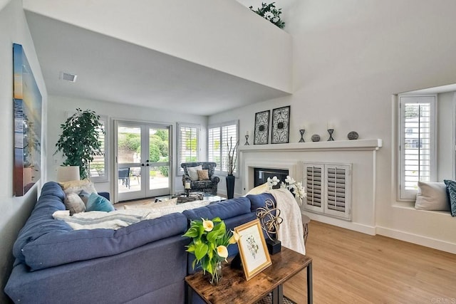 living room featuring french doors and light hardwood / wood-style flooring