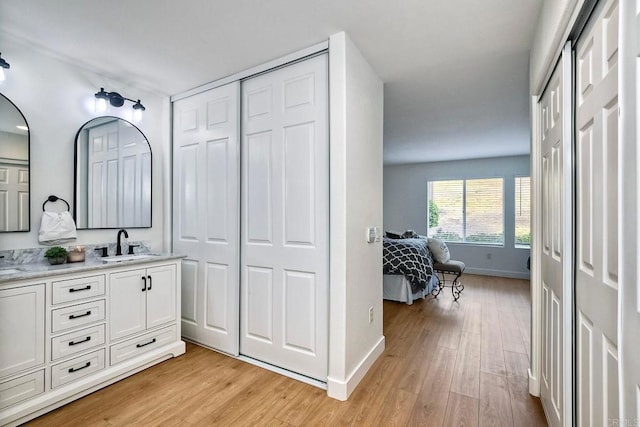 bathroom with hardwood / wood-style floors and vanity