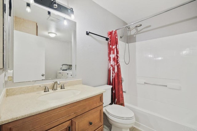 full bathroom with vanity, toilet, and shower / bath combo with shower curtain