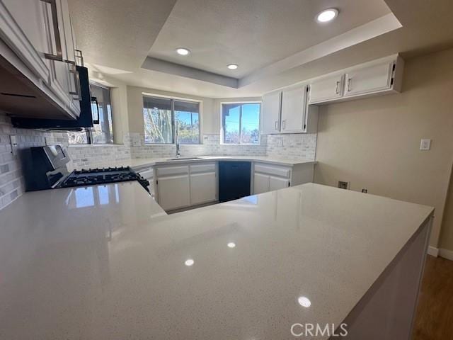 kitchen featuring a raised ceiling, kitchen peninsula, white cabinetry, and range