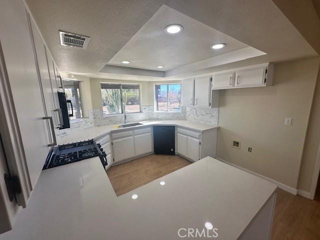 kitchen with kitchen peninsula, range, white cabinets, and a tray ceiling