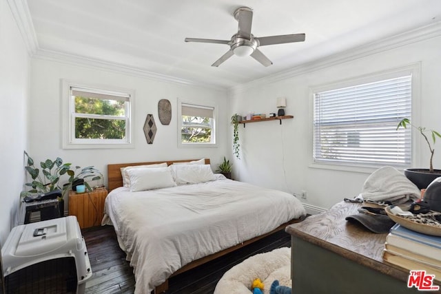 bedroom with ceiling fan, dark hardwood / wood-style flooring, and crown molding