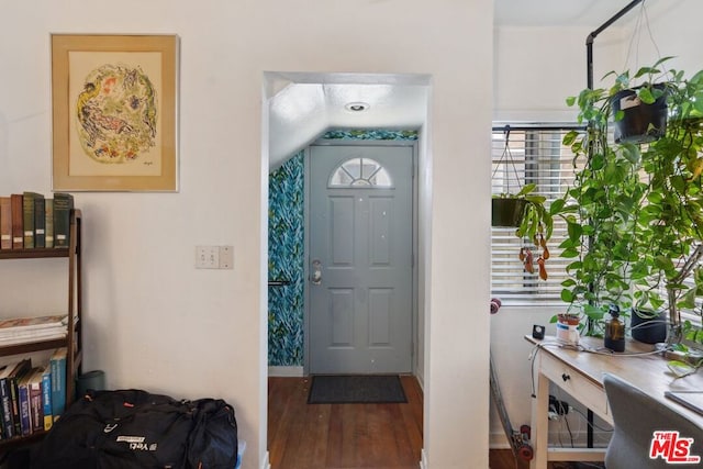 foyer featuring dark wood-type flooring and lofted ceiling