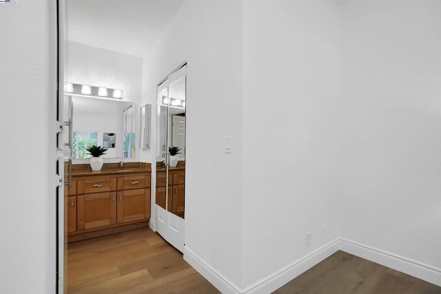 bathroom featuring vanity and hardwood / wood-style flooring