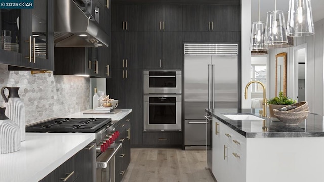 kitchen featuring white cabinetry, sink, hanging light fixtures, ventilation hood, and high quality appliances