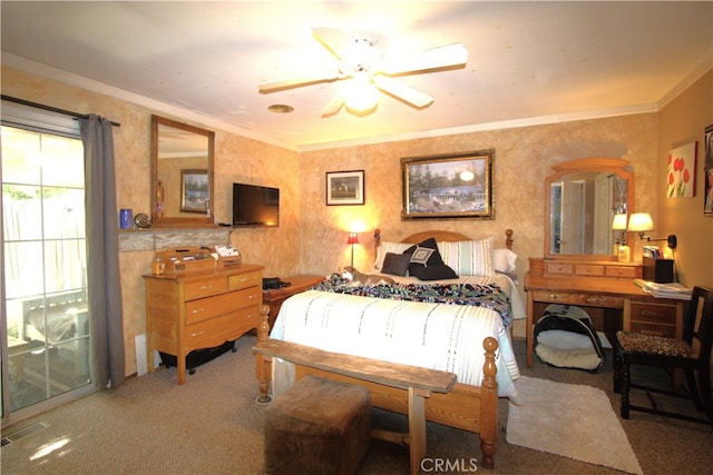 carpeted bedroom with ceiling fan and ornamental molding