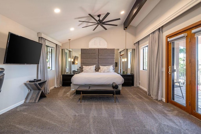 carpeted bedroom with ceiling fan, access to exterior, and lofted ceiling with beams