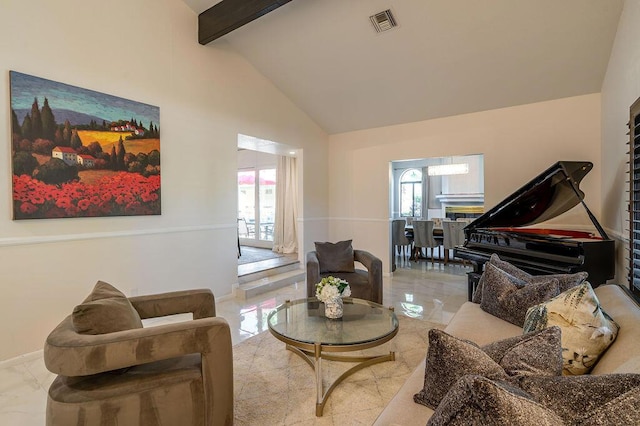 living room featuring high vaulted ceiling and beam ceiling