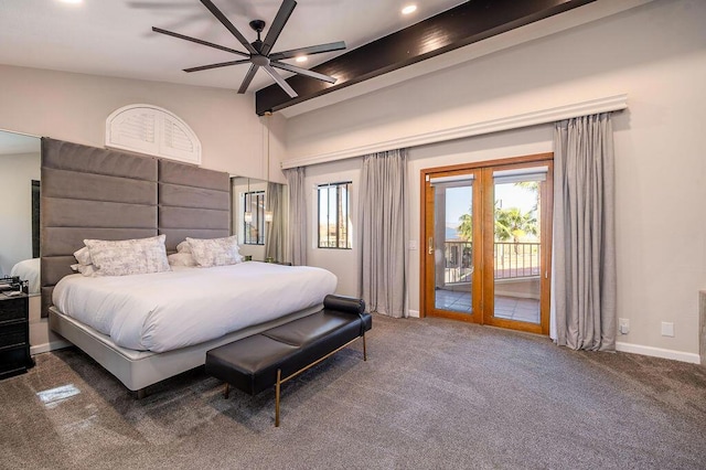 carpeted bedroom featuring ceiling fan, access to exterior, beamed ceiling, and french doors