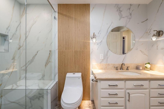 bathroom featuring tile walls, toilet, walk in shower, and vanity