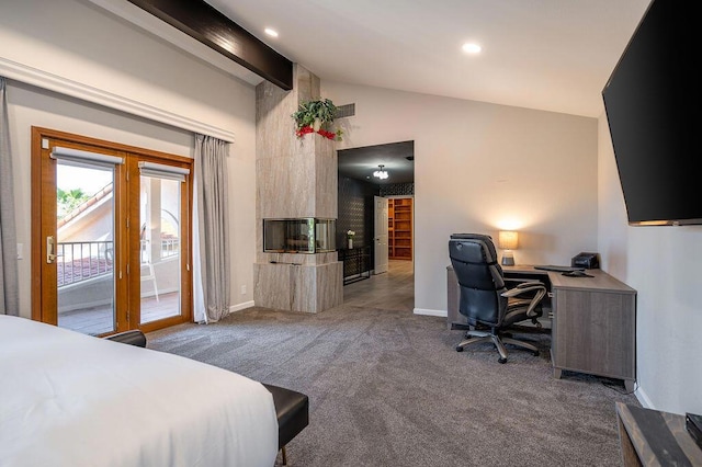 carpeted bedroom with a multi sided fireplace, access to outside, and vaulted ceiling with beams