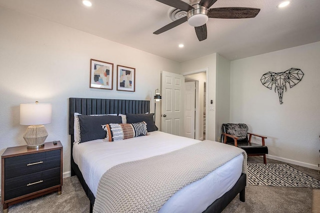 carpeted bedroom featuring ceiling fan