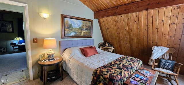 bedroom with wood ceiling, vaulted ceiling with beams, and carpet flooring