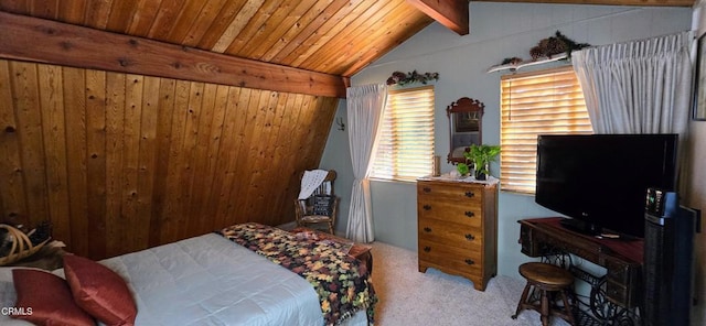 carpeted bedroom with wood ceiling and lofted ceiling with beams