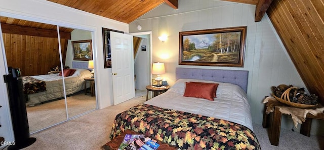 bedroom featuring wooden ceiling, light carpet, a closet, lofted ceiling with beams, and wooden walls