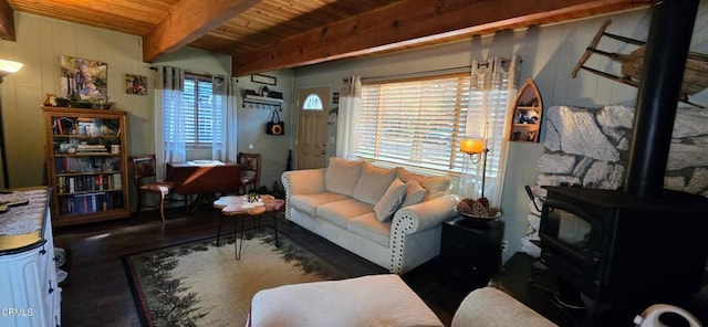 living room featuring wood ceiling, beamed ceiling, a healthy amount of sunlight, dark hardwood / wood-style floors, and a wood stove