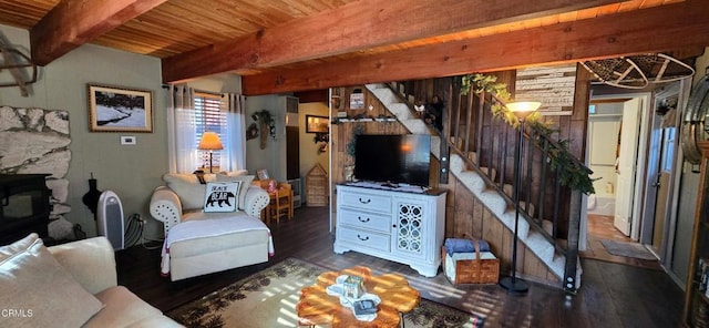 unfurnished living room featuring beam ceiling, wood ceiling, and dark hardwood / wood-style floors