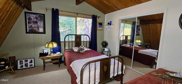 carpeted bedroom featuring wood ceiling, lofted ceiling with beams, and multiple windows