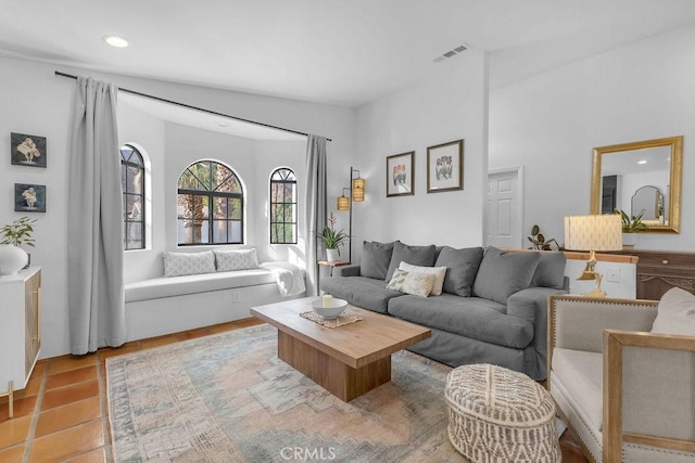 living room with lofted ceiling