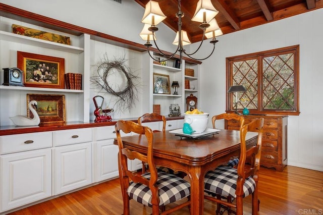 dining space featuring light wood-type flooring, a chandelier, built in shelves, wood ceiling, and beam ceiling