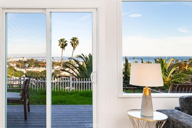 entryway featuring a water view