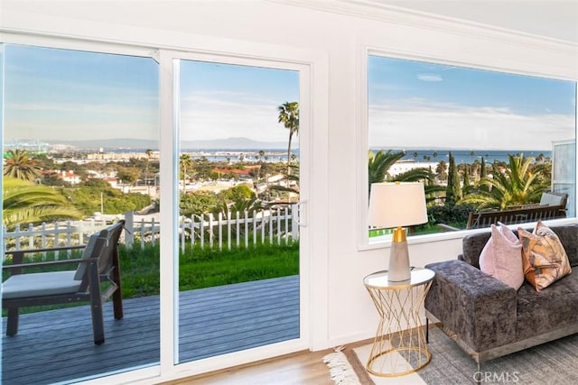 doorway featuring ornamental molding, a water view, and hardwood / wood-style flooring