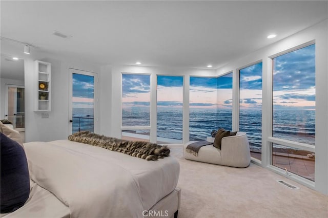 bedroom with a water view, access to exterior, and carpet flooring