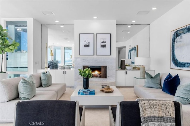 living room with a fireplace