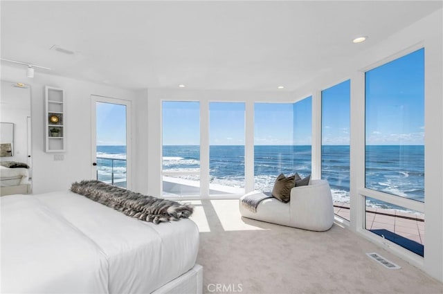 bedroom featuring a water view, carpet, and a beach view