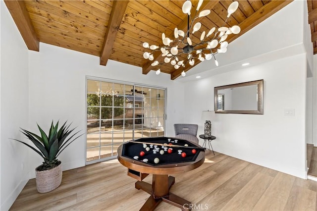 game room featuring wooden ceiling, hardwood / wood-style floors, and vaulted ceiling with beams