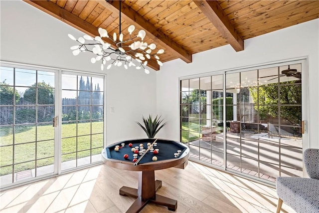 game room featuring wooden ceiling, beam ceiling, and light wood-type flooring