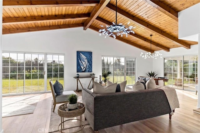 living room with wooden ceiling, beam ceiling, and a chandelier