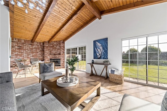 living room featuring beam ceiling, a fireplace, wood ceiling, and high vaulted ceiling