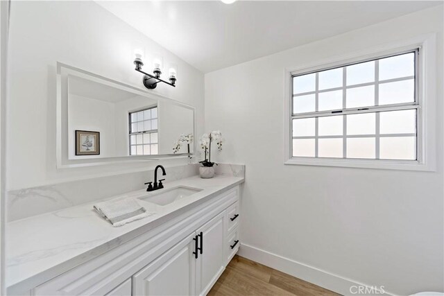 bathroom with wood-type flooring and vanity