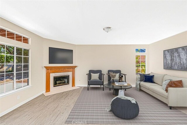 living room featuring a high end fireplace, a wealth of natural light, and light hardwood / wood-style floors