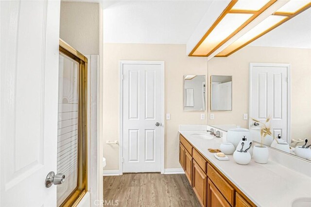 bathroom featuring toilet, vanity, and hardwood / wood-style flooring