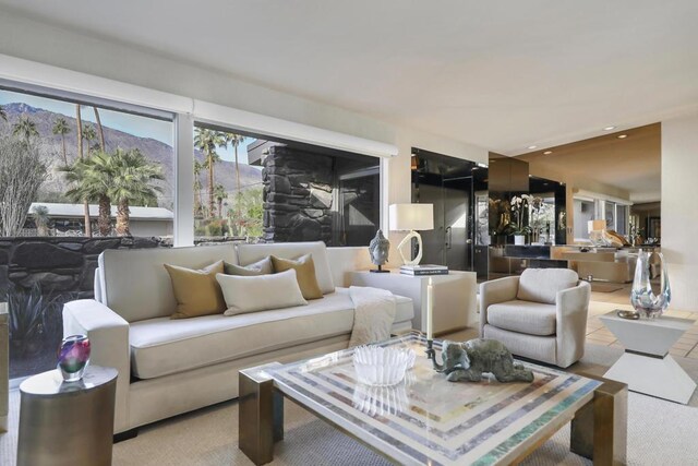 tiled living room with a mountain view