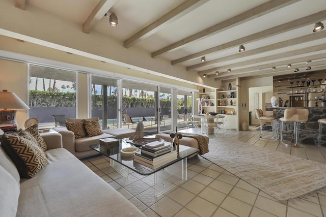 tiled living room with beamed ceiling