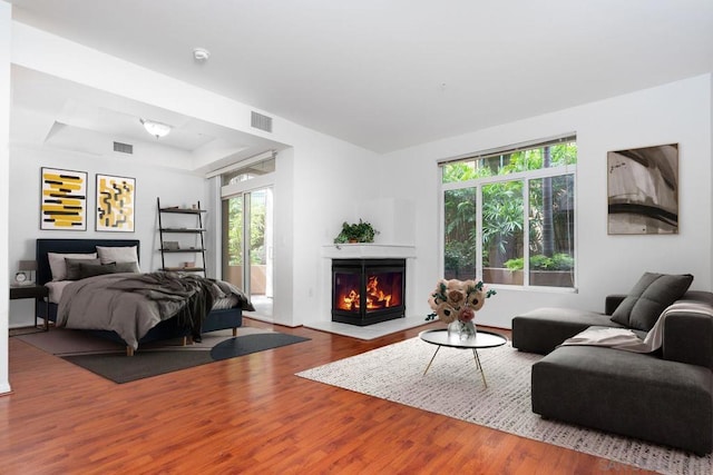 bedroom with wood-type flooring and a tray ceiling