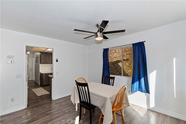 dining room featuring ceiling fan and dark hardwood / wood-style flooring