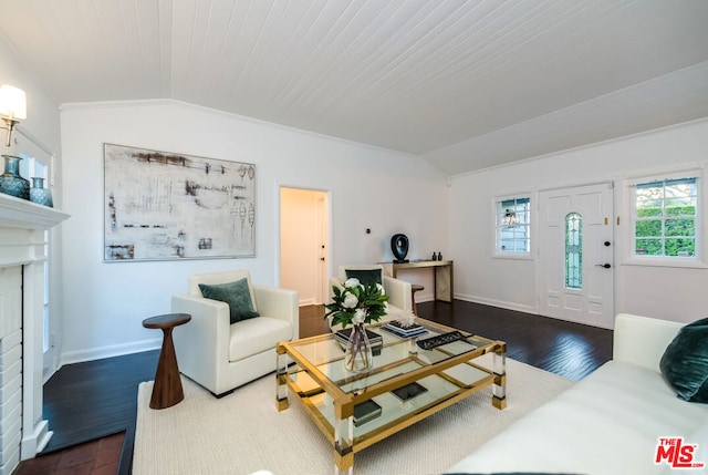 living room with vaulted ceiling, wooden ceiling, and dark hardwood / wood-style flooring