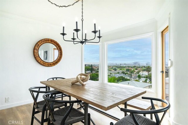 dining room with ornamental molding, light hardwood / wood-style flooring, an inviting chandelier, and a healthy amount of sunlight