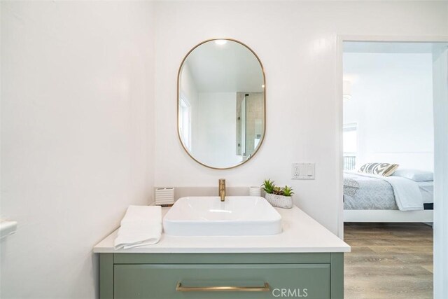 bathroom with hardwood / wood-style flooring and vanity