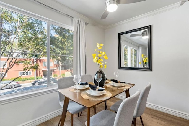 dining space with ceiling fan, ornamental molding, and hardwood / wood-style floors