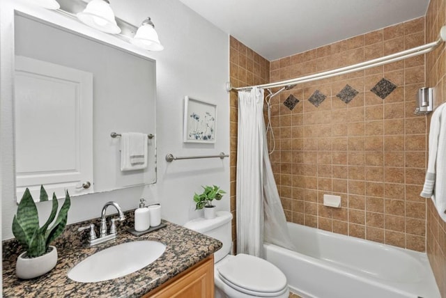 full bathroom featuring toilet, vanity, and shower / tub combo with curtain