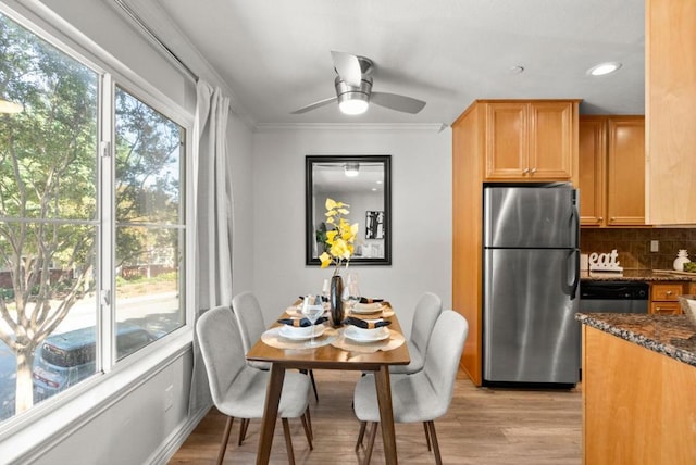 kitchen with appliances with stainless steel finishes, dark stone countertops, backsplash, ceiling fan, and light hardwood / wood-style flooring