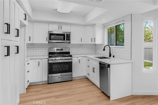 kitchen featuring tasteful backsplash, light hardwood / wood-style floors, sink, white cabinetry, and appliances with stainless steel finishes