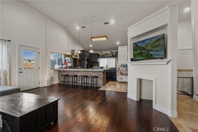 living room featuring high vaulted ceiling and dark hardwood / wood-style floors